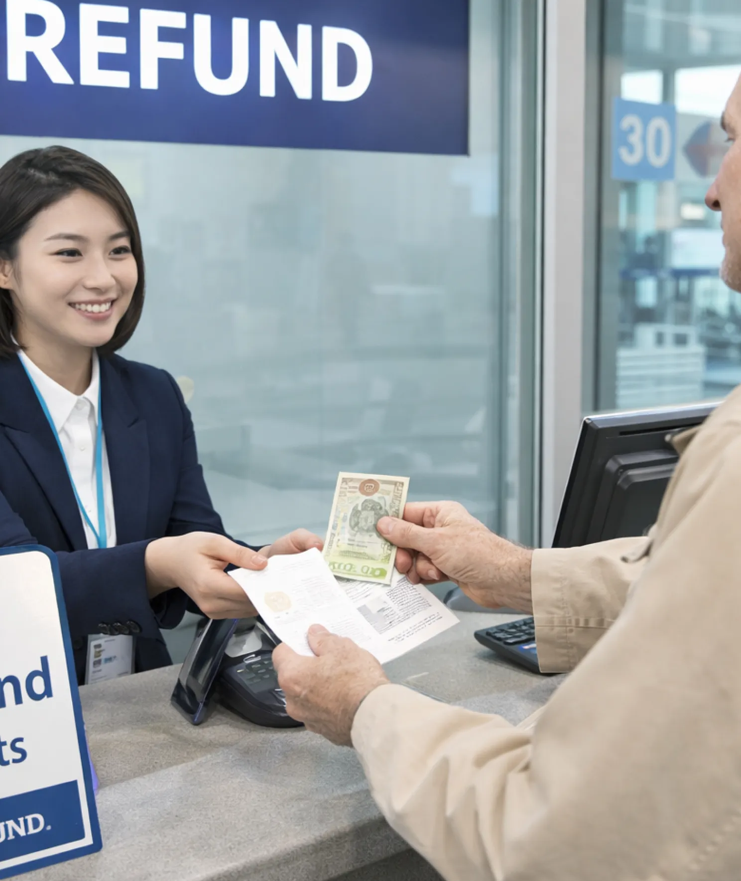 공항 세금 환급 카운터에서 환급을 진행하는 모습