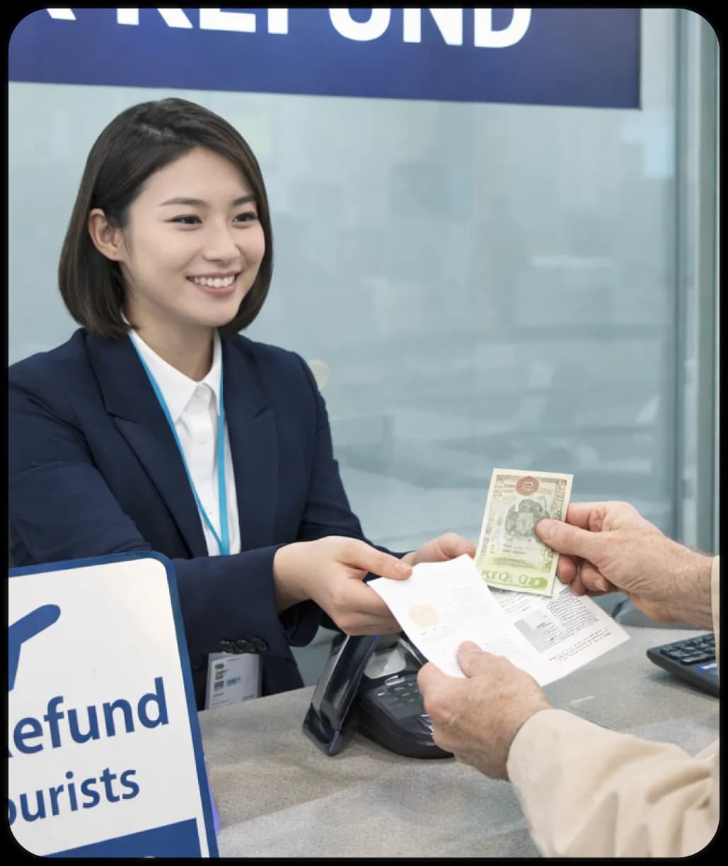 공항 세금 환급 카운터에서 환급을 진행하는 모습